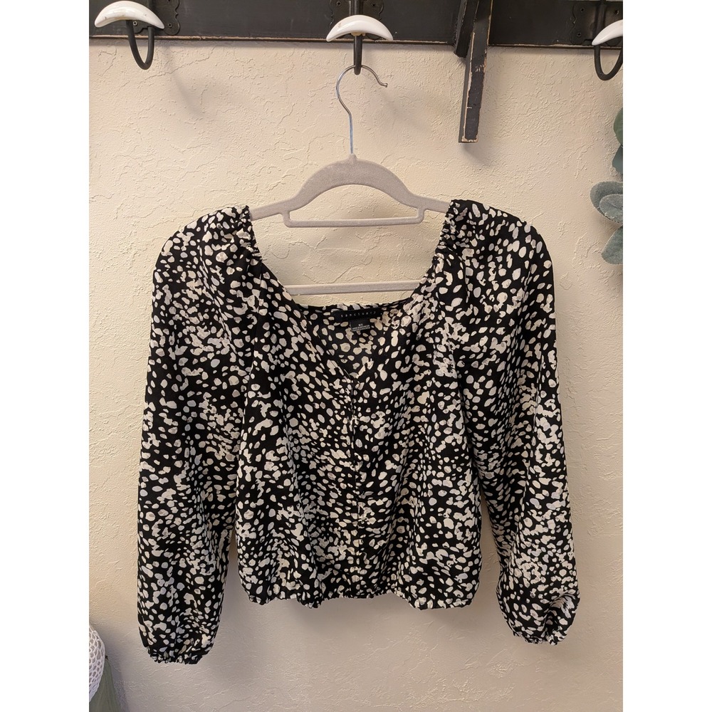 Sanctuary Women's Black White Dotted Print Square Neck Long Sleeve Blouse XS